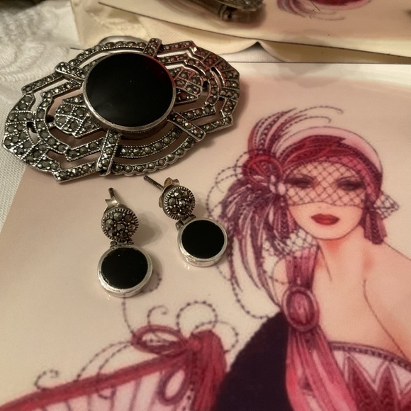 Boucles D'oreilles Anciennes Style Art Déco - Argent Sterling 925 & Nacre/marcassite - Clous - Occasion Vintage